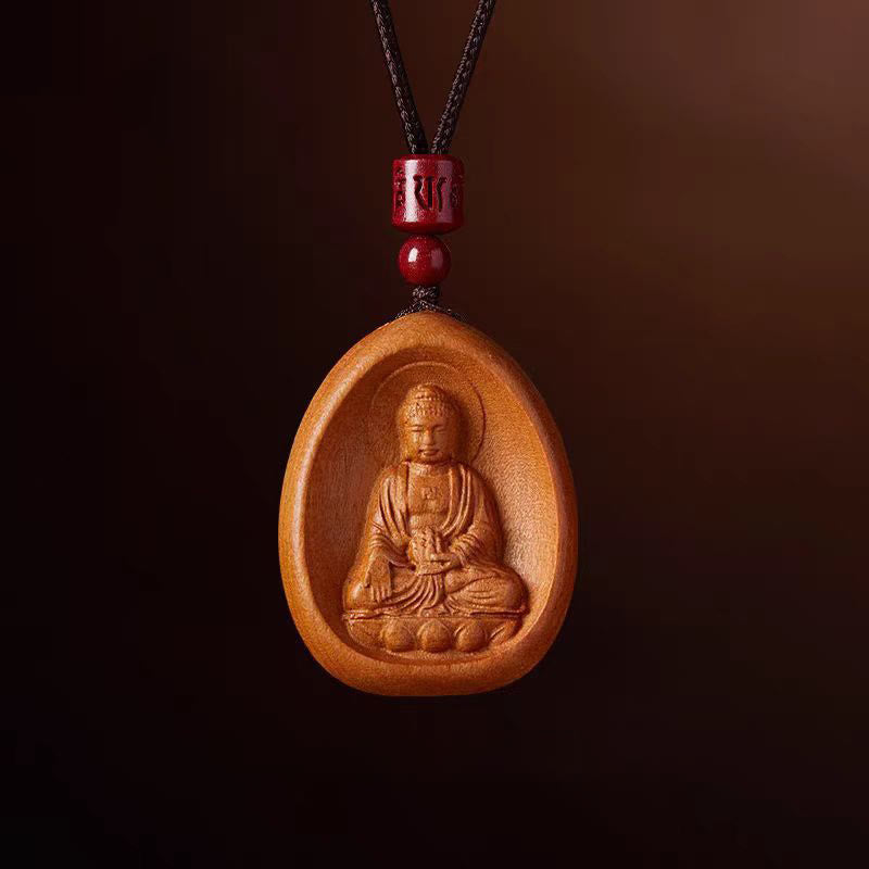 Nimara Ritual Peach Wood Cinnabar Om Mani Padme Hum Chinese Zodiac Black String Necklace Pendants