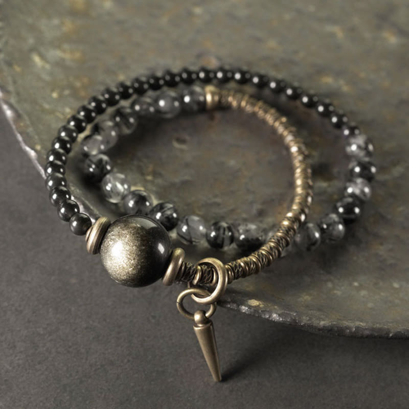 Nimara Ritual Gold Sheen Obsidian Black Rutilated Quartz Copper Brass Double Wrap Protection Bracelet
