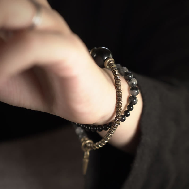 Nimara Ritual Gold Sheen Obsidian Black Rutilated Quartz Copper Brass Double Wrap Protection Bracelet