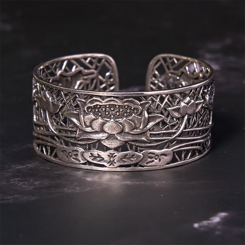 Nimara Ritual Hollow Lotus Silver Plated Copper Healing Enlightenment Bracelet Bangle
