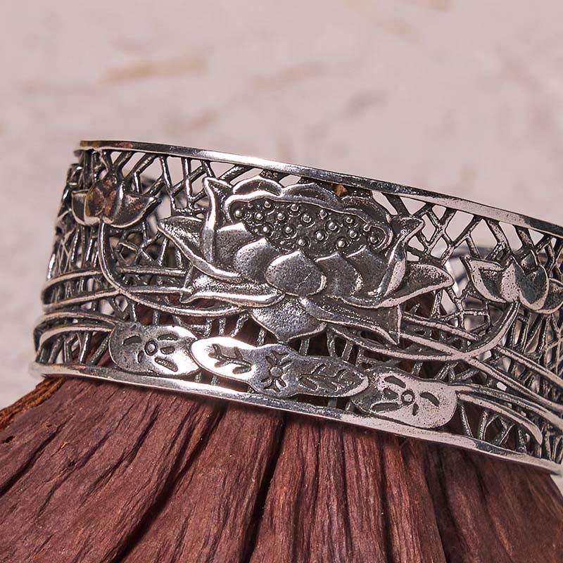 Nimara Ritual Hollow Lotus Silver Plated Copper Healing Enlightenment Bracelet Bangle