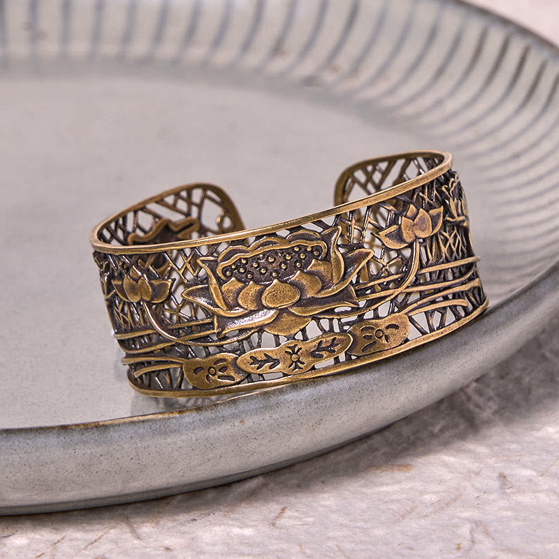 Nimara Ritual Hollow Lotus Silver Plated Copper Healing Enlightenment Bracelet Bangle