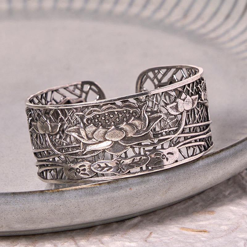 Nimara Ritual Hollow Lotus Silver Plated Copper Healing Enlightenment Bracelet Bangle