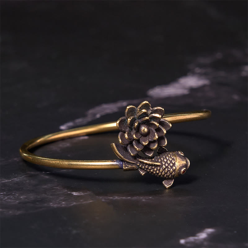 Nimara Ritual Lotus Flower Koi Fish Copper Brass Enlightenment Luck Bracelet Bangle