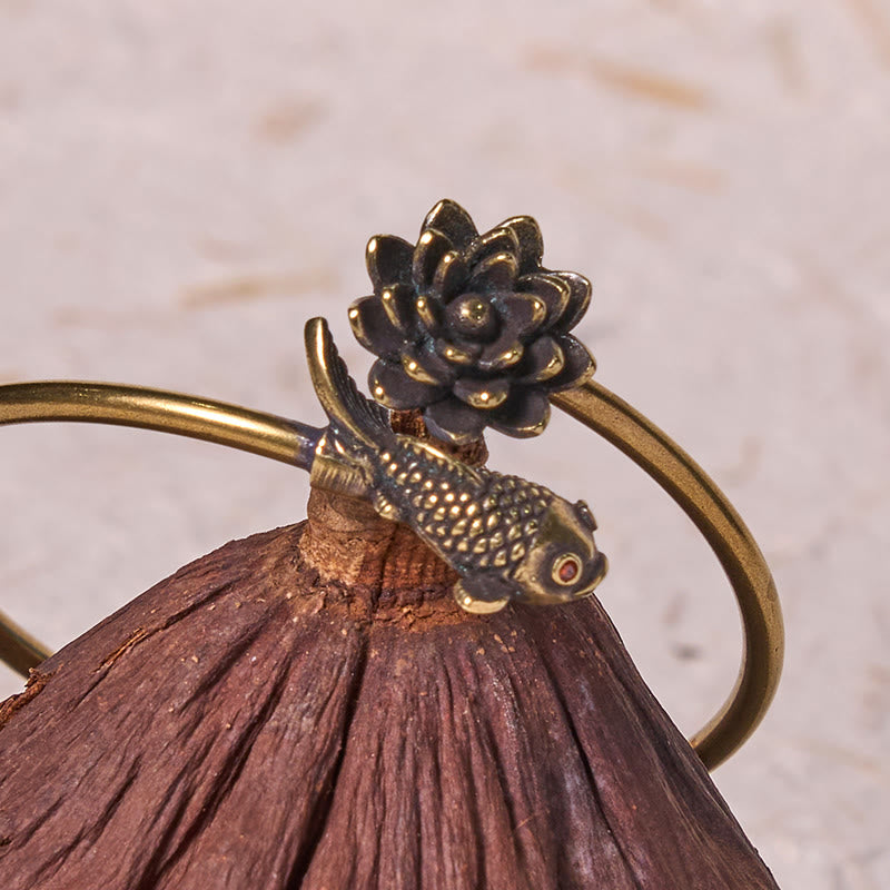 Nimara Ritual Lotus Flower Koi Fish Copper Brass Enlightenment Luck Bracelet Bangle