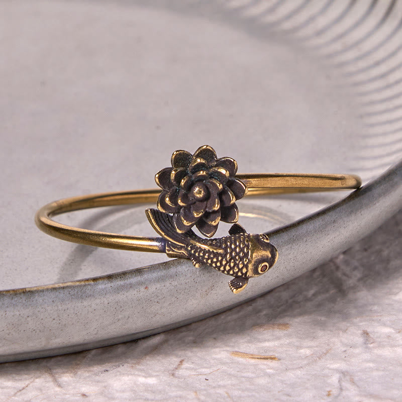 Nimara Ritual Lotus Flower Koi Fish Copper Brass Enlightenment Luck Bracelet Bangle