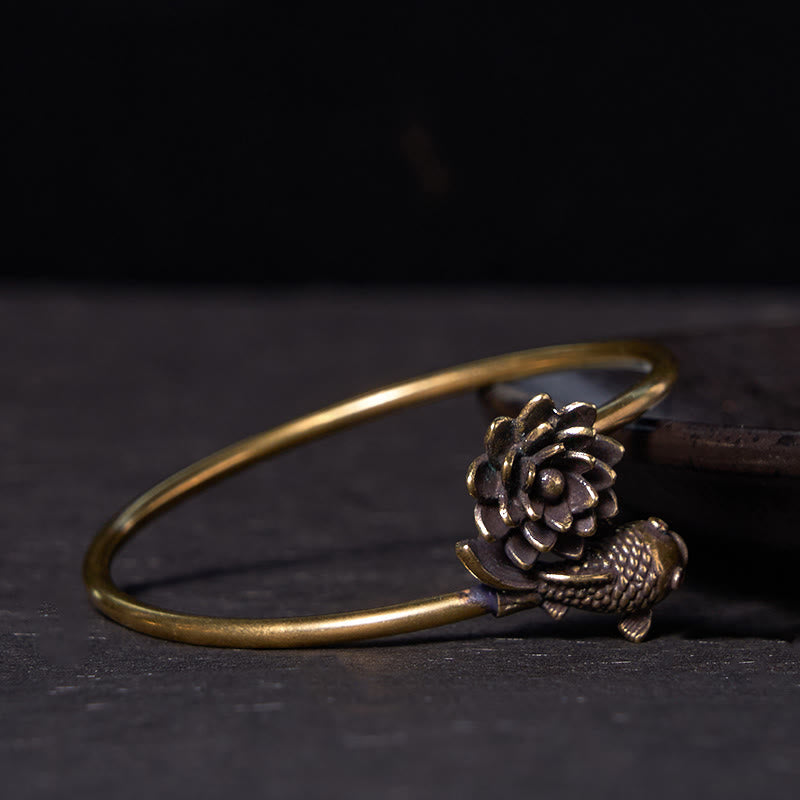 Nimara Ritual Lotus Flower Koi Fish Copper Brass Enlightenment Luck Bracelet Bangle