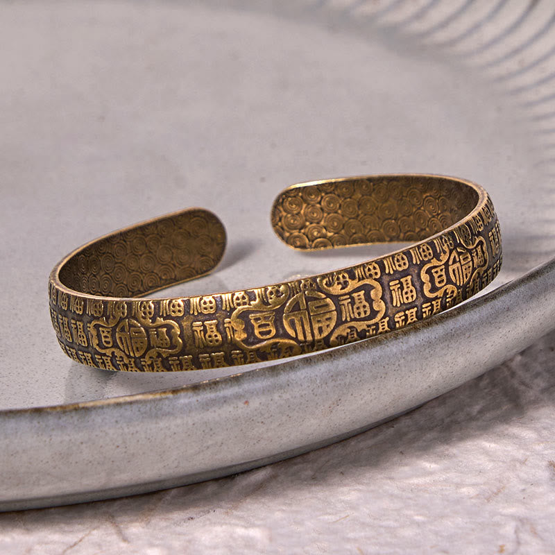Nimara Ritual Hundred Blessings Fu Character Copper Brass Luck Bracelet Bangle