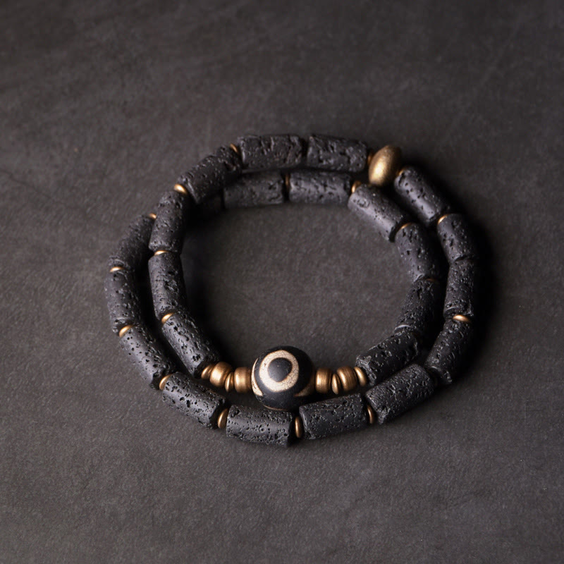 Nimara Ritual Vintage Lava Rock Three-eyed Dzi Bead Copper Brass Multi-turn Wrap Calm Bracelet