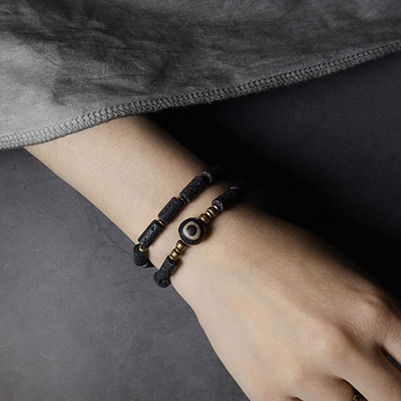 Nimara Ritual Vintage Lava Rock Three-eyed Dzi Bead Copper Brass Multi-turn Wrap Calm Bracelet