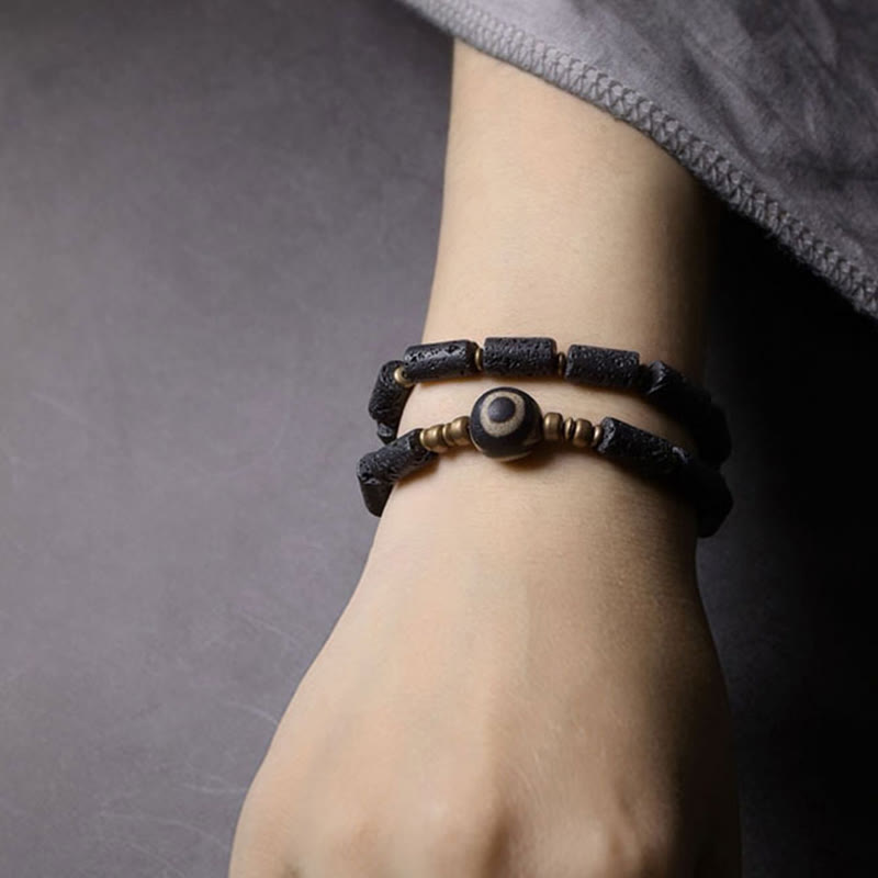 Nimara Ritual Vintage Lava Rock Three-eyed Dzi Bead Copper Brass Multi-turn Wrap Calm Bracelet