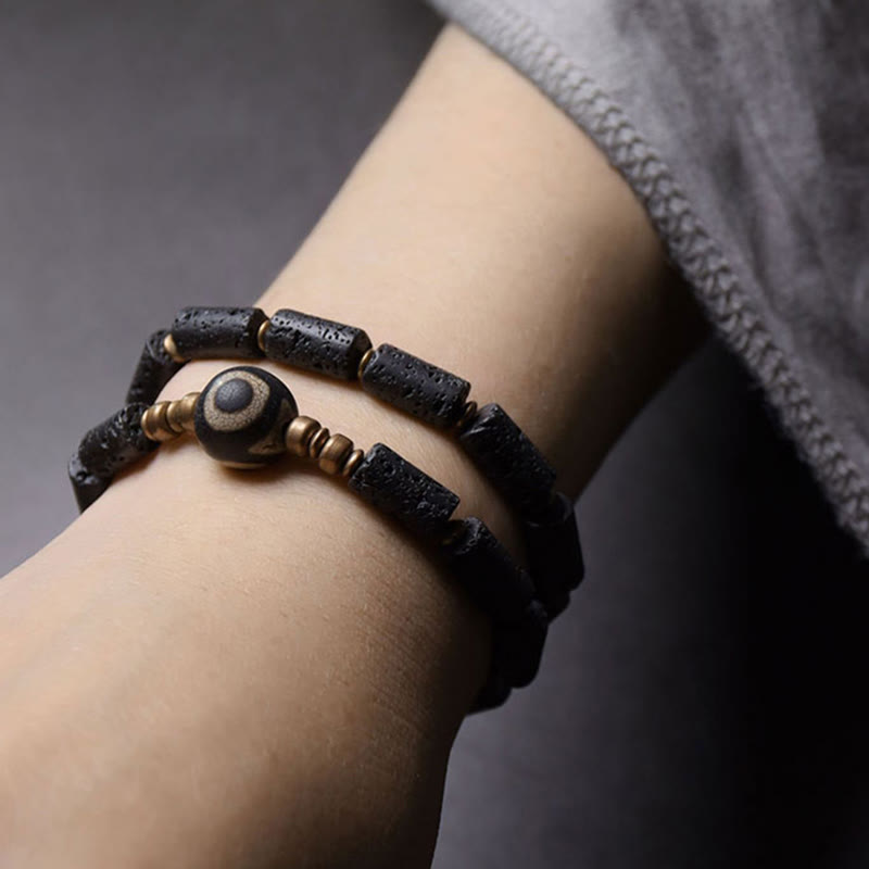 Nimara Ritual Vintage Lava Rock Three-eyed Dzi Bead Copper Brass Multi-turn Wrap Calm Bracelet