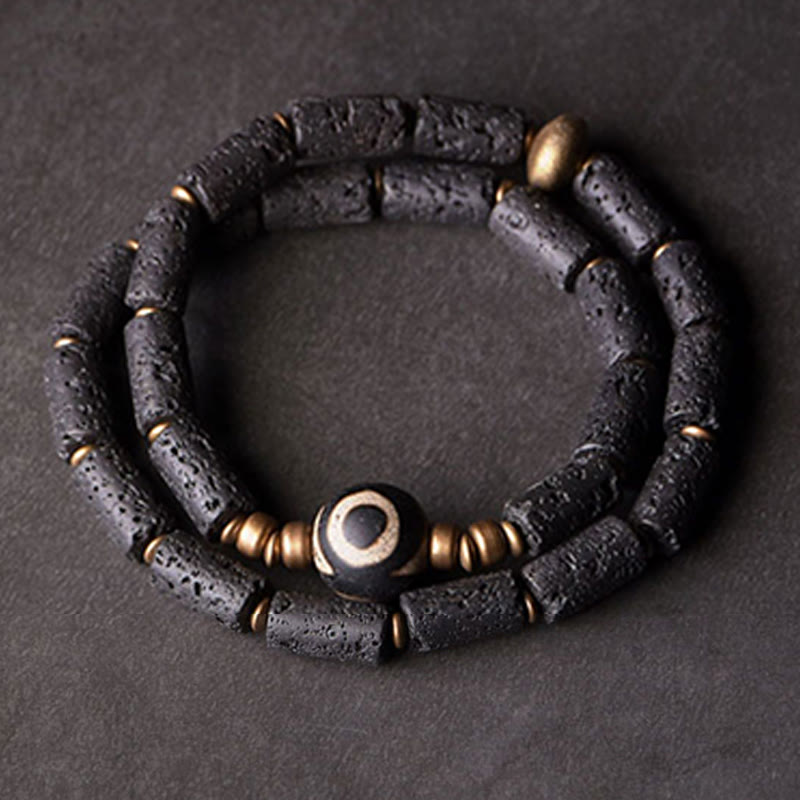Nimara Ritual Vintage Lava Rock Three-eyed Dzi Bead Copper Brass Multi-turn Wrap Calm Bracelet