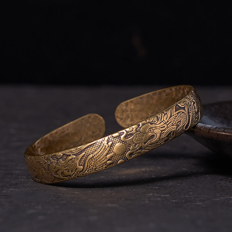 Nimara Ritual Dragon And Phoenix Playing With A Pearl Carved Copper Brass Luck Protection Bracelet Bangle