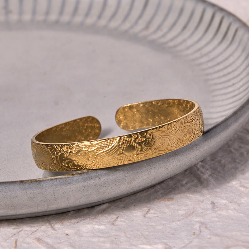 Nimara Ritual Dragon And Phoenix Playing With A Pearl Carved Copper Brass Luck Protection Bracelet Bangle