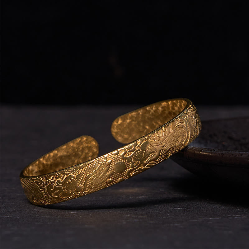 Nimara Ritual Dragon And Phoenix Playing With A Pearl Carved Copper Brass Luck Protection Bracelet Bangle