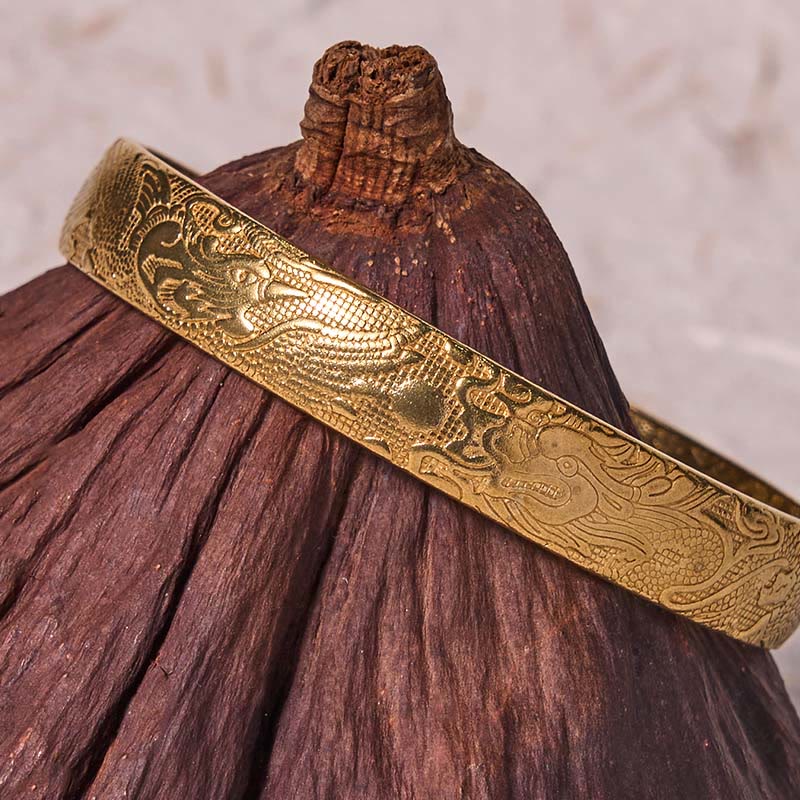 Nimara Ritual Dragon And Phoenix Playing With A Pearl Carved Copper Brass Luck Protection Bracelet Bangle