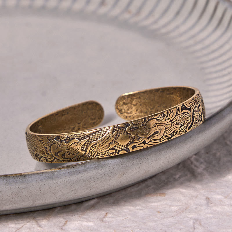 Nimara Ritual Dragon And Phoenix Playing With A Pearl Carved Copper Brass Luck Protection Bracelet Bangle