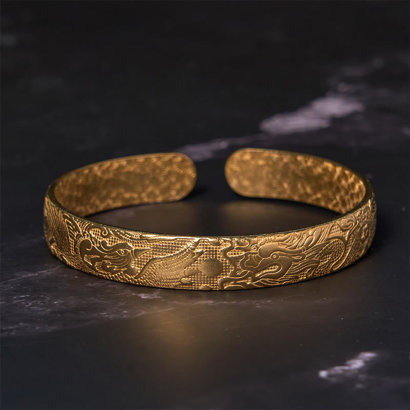 Nimara Ritual Dragon And Phoenix Playing With A Pearl Carved Copper Brass Luck Protection Bracelet Bangle