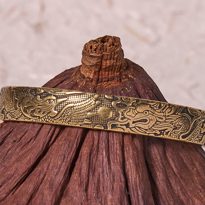 Nimara Ritual Dragon And Phoenix Playing With A Pearl Carved Copper Brass Luck Protection Bracelet Bangle