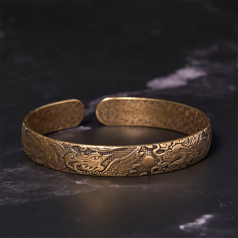 Nimara Ritual Dragon And Phoenix Playing With A Pearl Carved Copper Brass Luck Protection Bracelet Bangle
