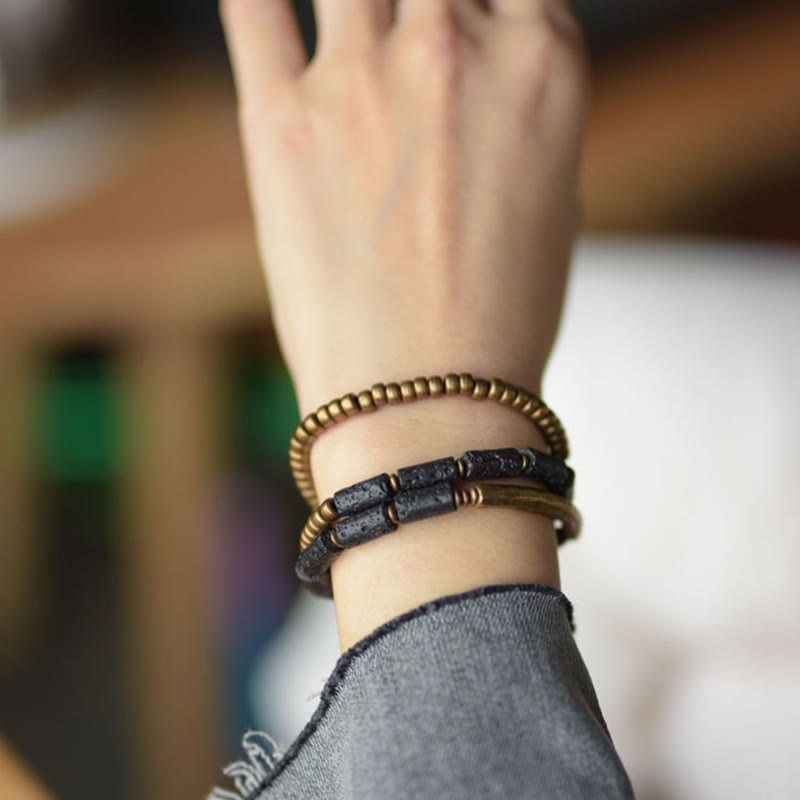 Nimara Ritual Vintage Lava Rock Copper Brass Multi-turn Wrap Calm Bracelet