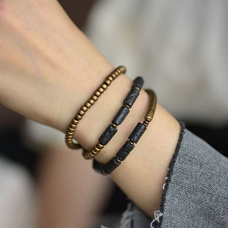 Nimara Ritual Vintage Lava Rock Copper Brass Multi-turn Wrap Calm Bracelet