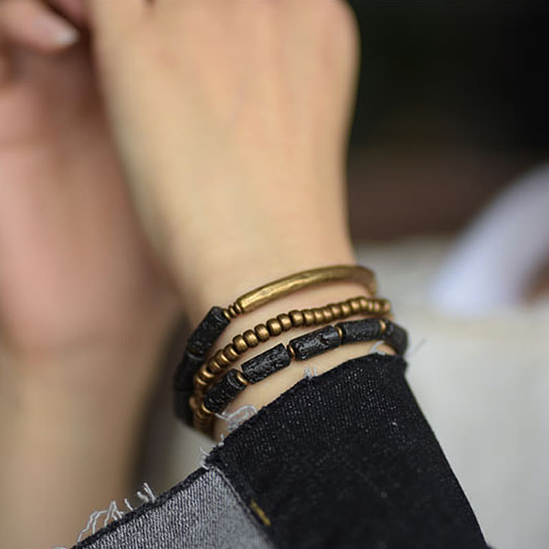 Nimara Ritual Vintage Lava Rock Copper Brass Multi-turn Wrap Calm Bracelet