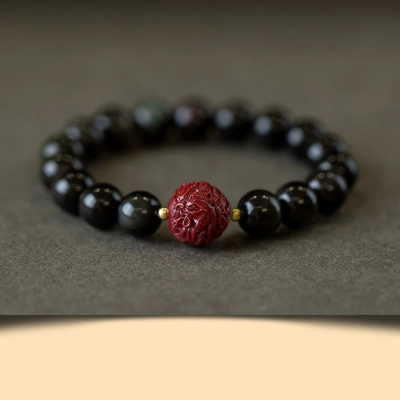 Nimara Ritual Chinese Zodiac Natural Black Obsidian Cinnabar Purification Bracelet
