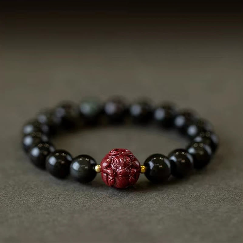Nimara Ritual Chinese Zodiac Natural Black Obsidian Cinnabar Purification Bracelet