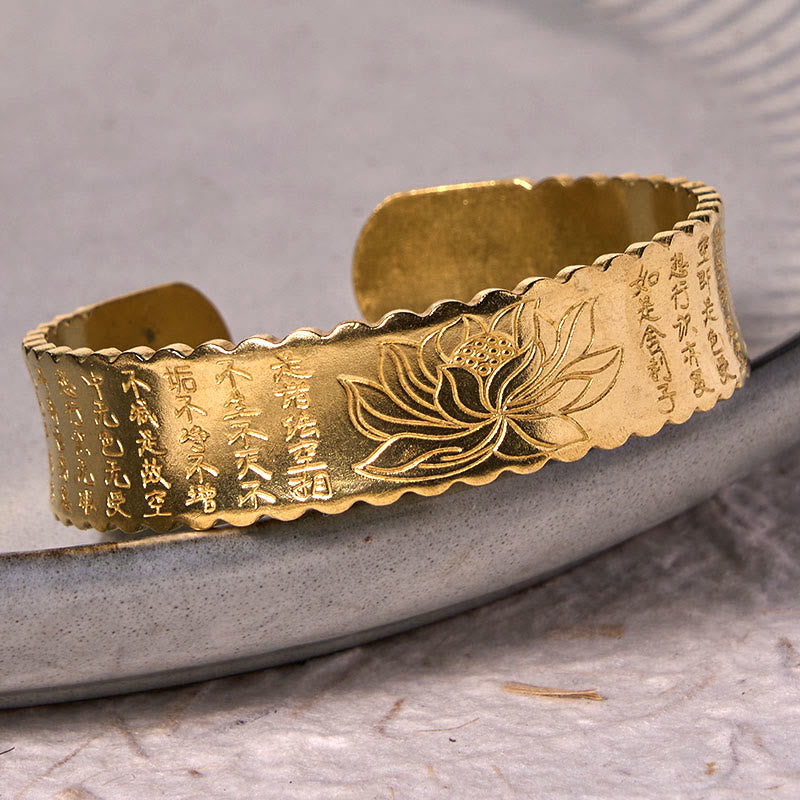 Nimara Ritual Heart Sutra Lotus Flower Copper Brass Peace Enlightenment Cuff Bracelet Bangle