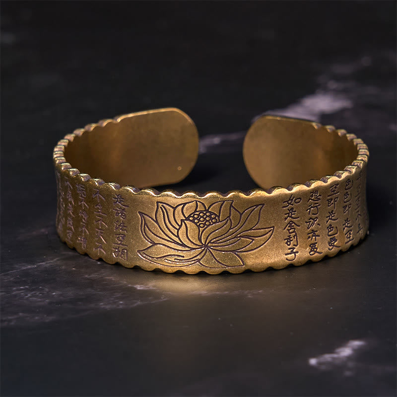 Nimara Ritual Heart Sutra Lotus Flower Copper Brass Peace Enlightenment Cuff Bracelet Bangle