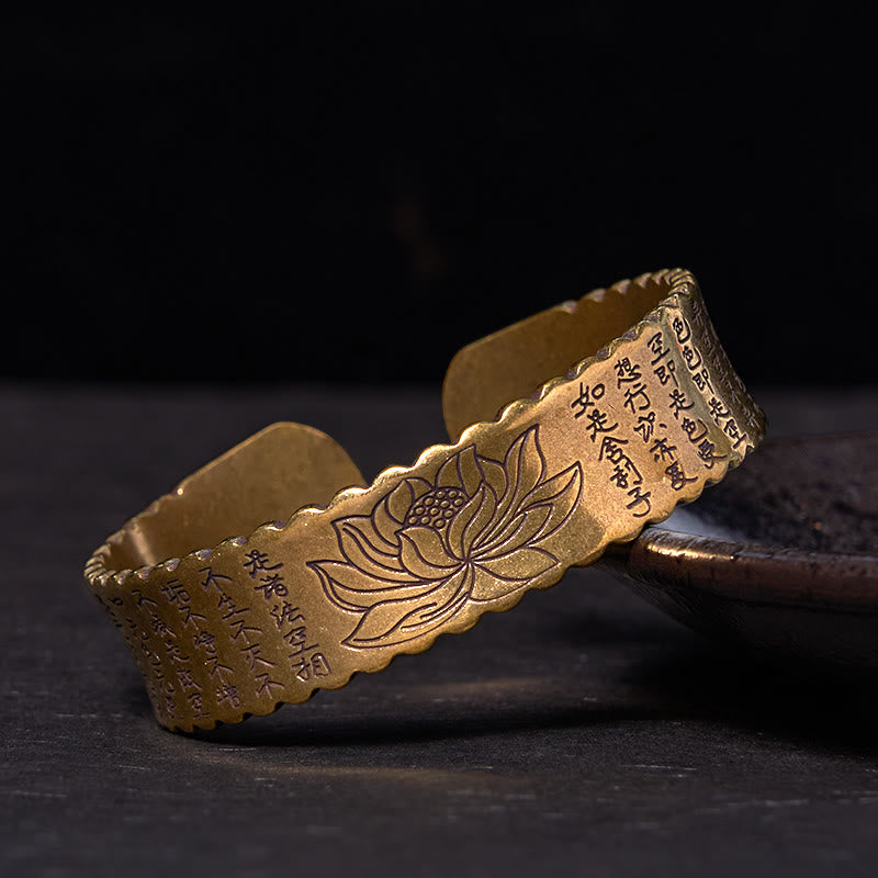 Nimara Ritual Heart Sutra Lotus Flower Copper Brass Peace Enlightenment Cuff Bracelet Bangle