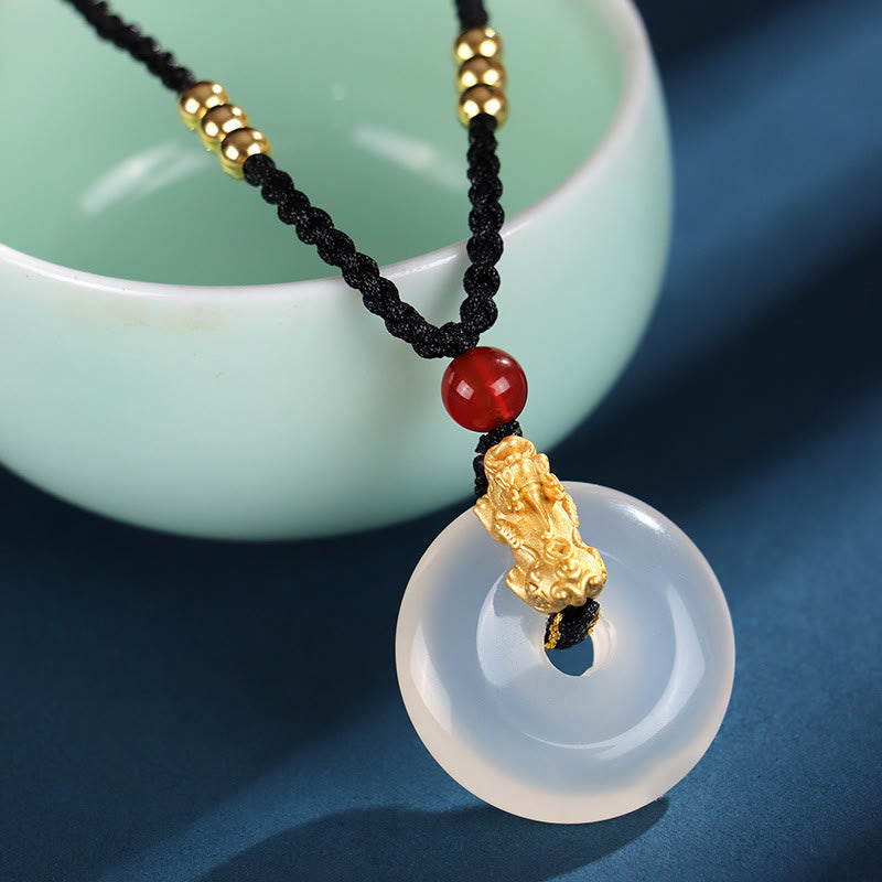 Nimara Ritual Black Onyx White Agate Peace Buckle 999 Sterling Silver Gold PiXiu Fortune Necklace Pendant