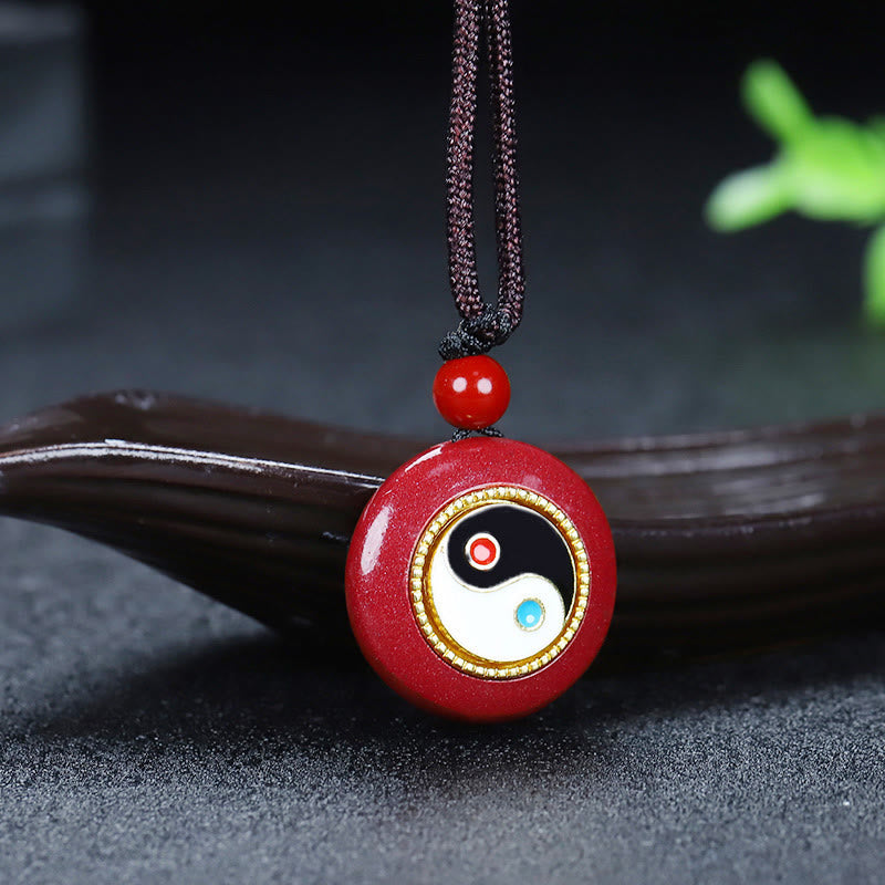 Nimara Ritual Natural Cinnabar Yin Yang Design Braided String Blessing Necklace Pendant