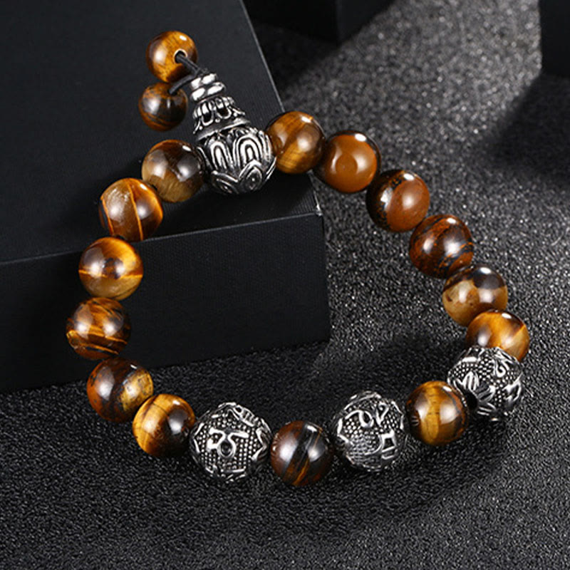 Nimara Ritual Natural Tiger Eye Lava Rock Black Obsidian Titanium Steel Six-True-Words Om Mani Padme Hum Protection Bracelet