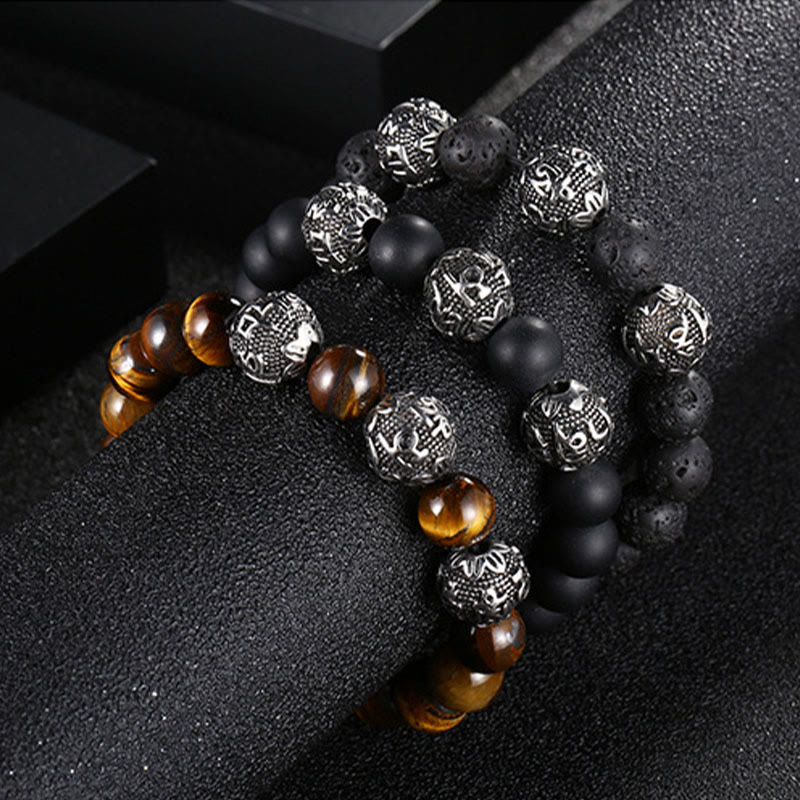 Nimara Ritual Natural Tiger Eye Lava Rock Black Obsidian Titanium Steel Six-True-Words Om Mani Padme Hum Protection Bracelet