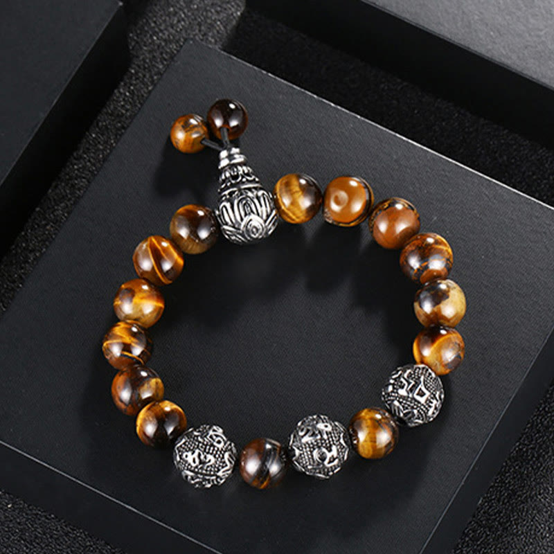 Nimara Ritual Natural Tiger Eye Lava Rock Black Obsidian Titanium Steel Six-True-Words Om Mani Padme Hum Protection Bracelet