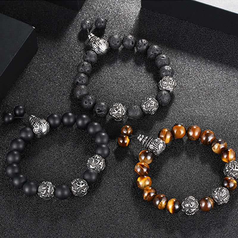Nimara Ritual Natural Tiger Eye Lava Rock Black Obsidian Titanium Steel Six-True-Words Om Mani Padme Hum Protection Bracelet