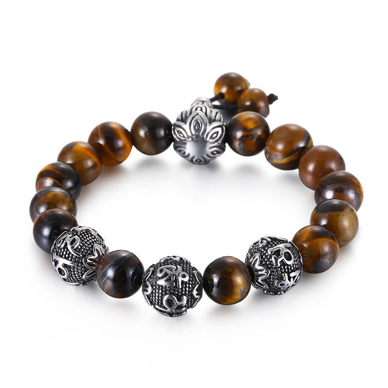 Nimara Ritual Natural Tiger Eye Lava Rock Black Obsidian Titanium Steel Six-True-Words Om Mani Padme Hum Protection Bracelet