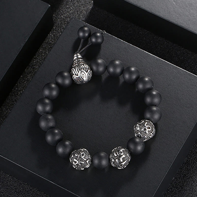 Nimara Ritual Natural Tiger Eye Lava Rock Black Obsidian Titanium Steel Six-True-Words Om Mani Padme Hum Protection Bracelet