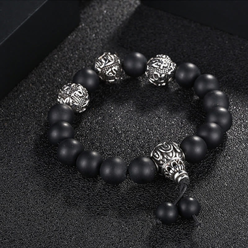 Nimara Ritual Natural Tiger Eye Lava Rock Black Obsidian Titanium Steel Six-True-Words Om Mani Padme Hum Protection Bracelet