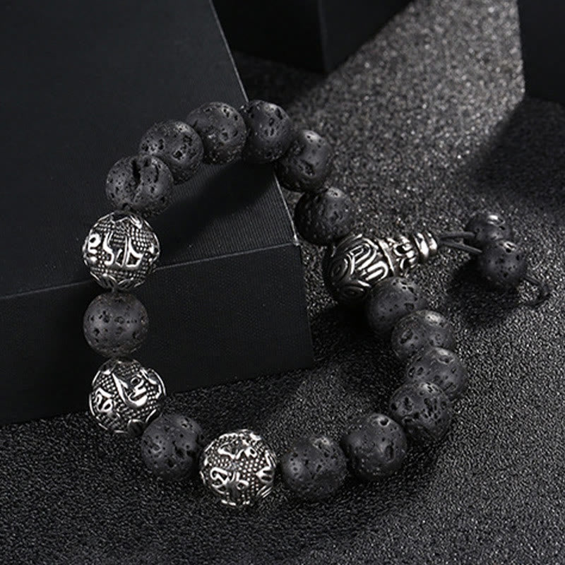 Nimara Ritual Natural Tiger Eye Lava Rock Black Obsidian Titanium Steel Six-True-Words Om Mani Padme Hum Protection Bracelet