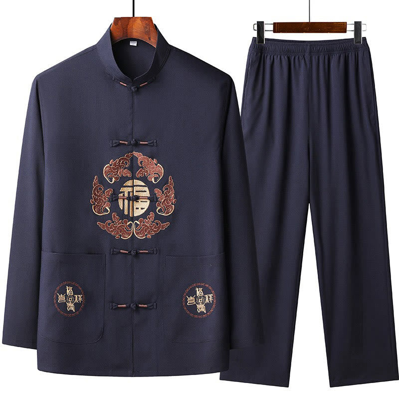 Nimara Ritual Chinese New Year Embroidered Fu Tang Suit Hanfu Long Sleeve Top Pants Clothing Men's Set