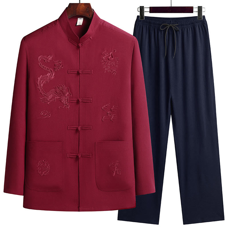 Nimara Ritual Chinese New Year Embroidered Dragon Frog-button Tang Suit Hanfu Long Sleeve Top Pants Clothing Men's Set