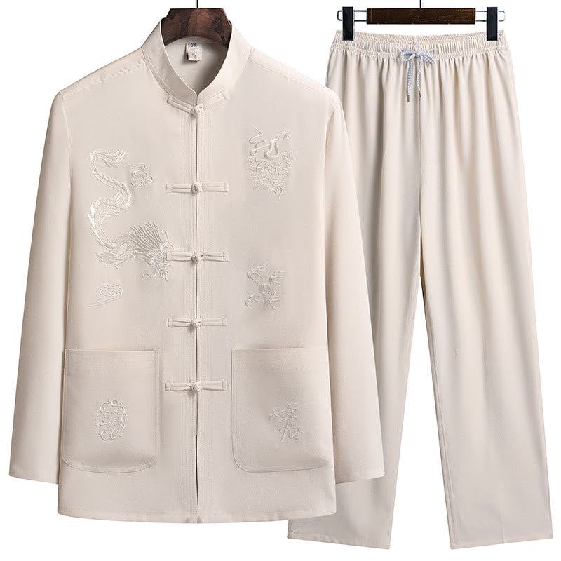 Nimara Ritual Chinese New Year Embroidered Dragon Frog-button Tang Suit Hanfu Long Sleeve Top Pants Clothing Men's Set