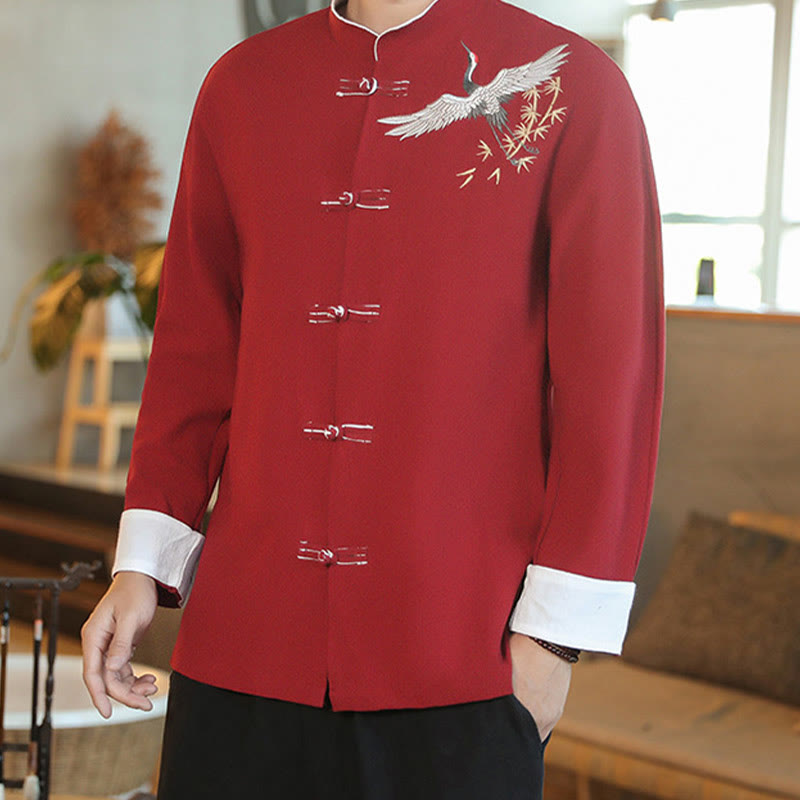 Nimara Ritual Chinese New Year Flying Crane Embroidery Frog-button Tang Suit Cotton Men's Jacket Shirt