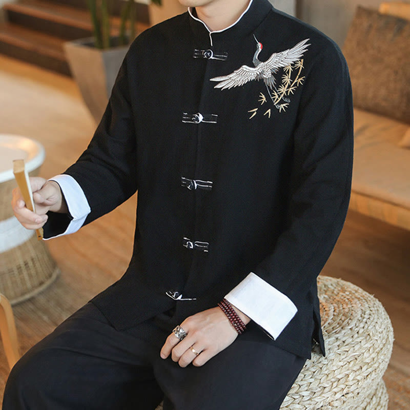 Nimara Ritual Chinese New Year Flying Crane Embroidery Frog-button Tang Suit Cotton Men's Jacket Shirt