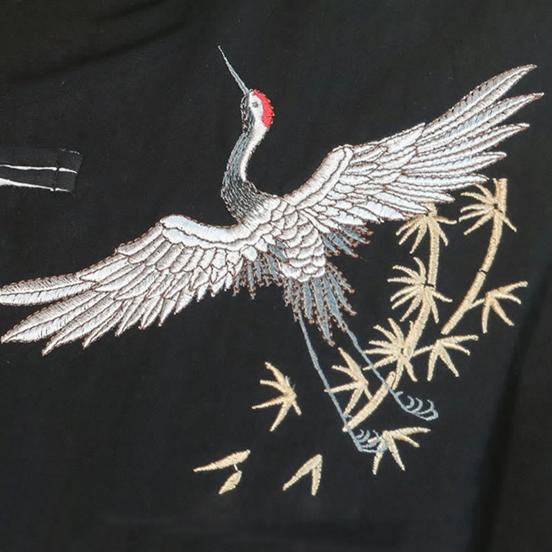 Nimara Ritual Chinese New Year Flying Crane Embroidery Frog-button Tang Suit Cotton Men's Jacket Shirt