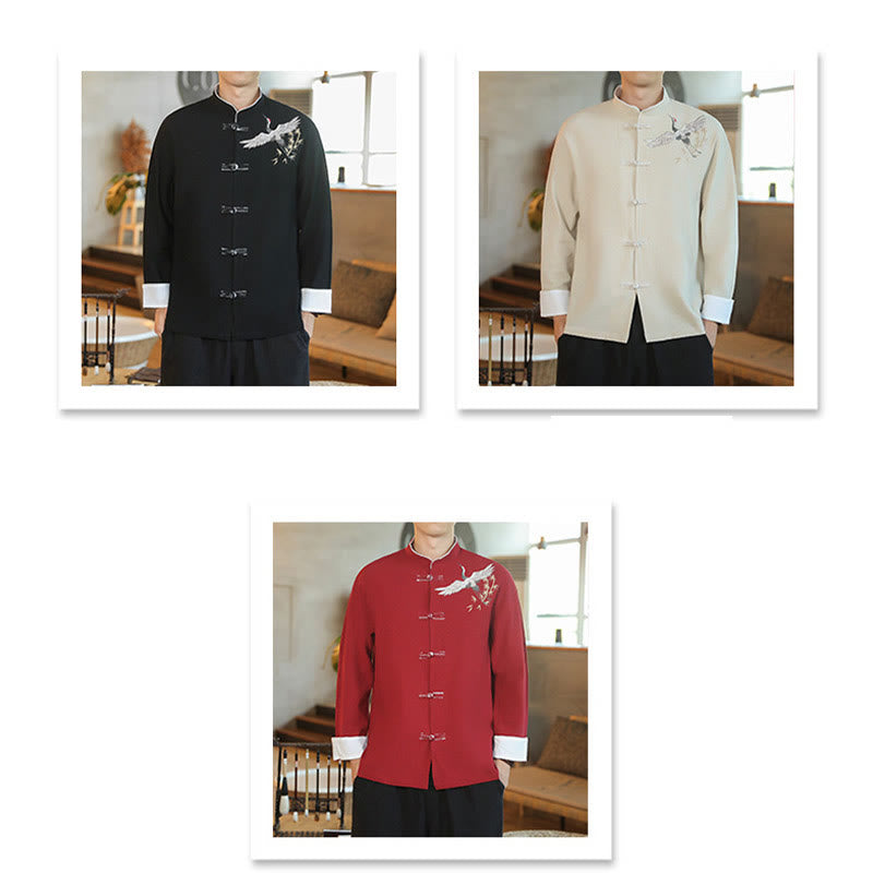 Nimara Ritual Chinese New Year Flying Crane Embroidery Frog-button Tang Suit Cotton Men's Jacket Shirt